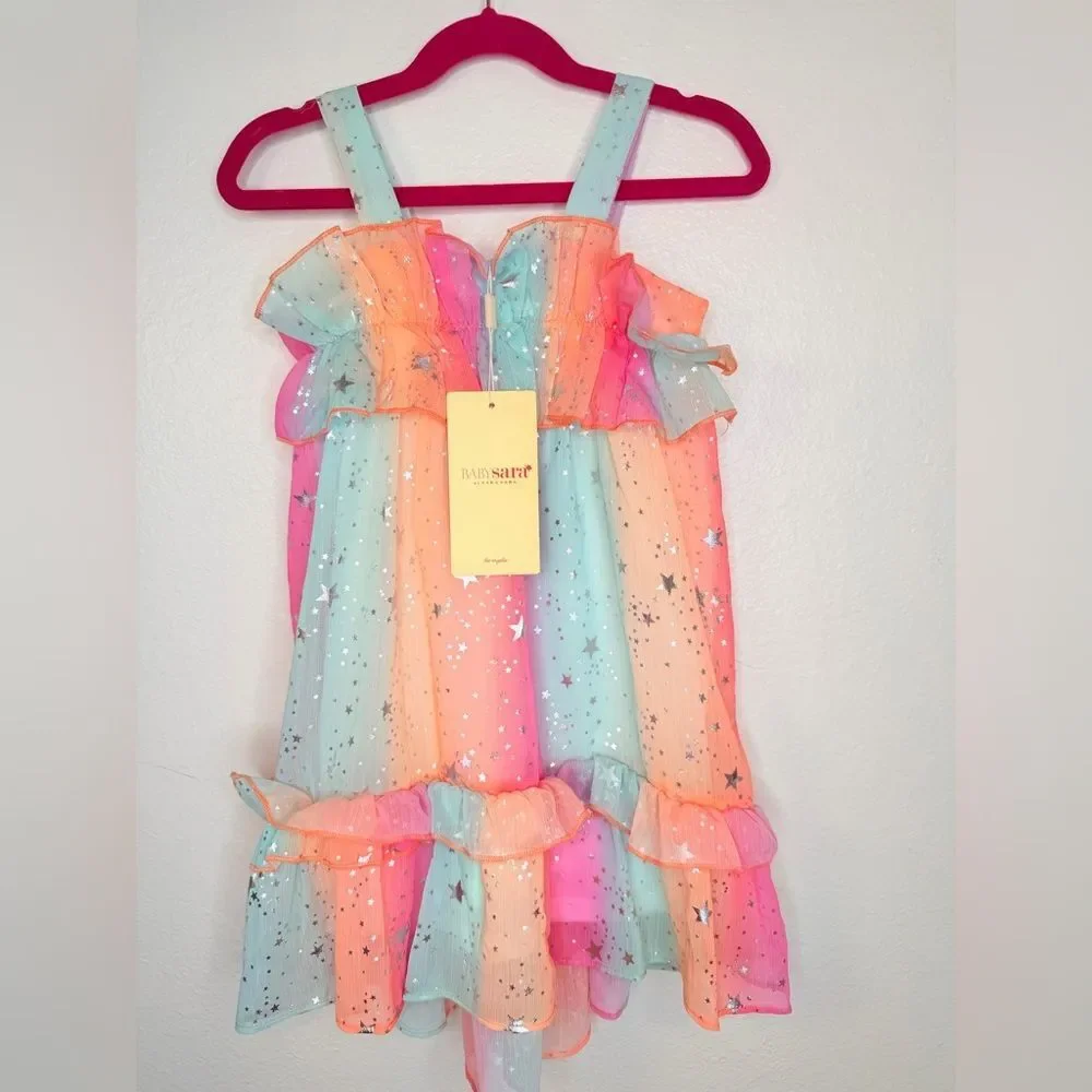NWT ✨ BABY SARA Kids Ruffle Rainbow Dress with Metallic Stars Size 5